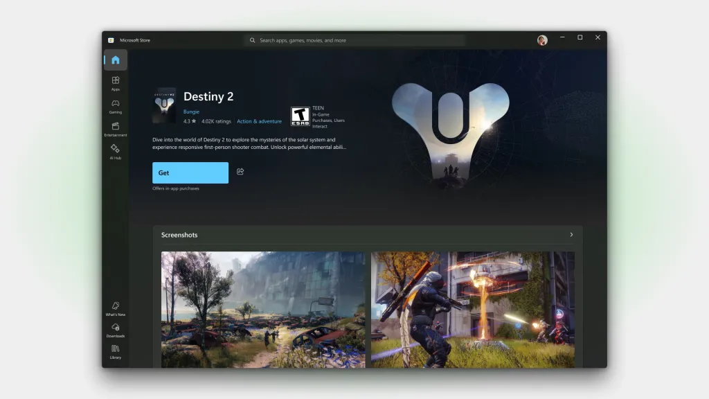 Interface da página do produto com grandes capturas de tela do produto e texto sobreposto ao fundo do trailer.
