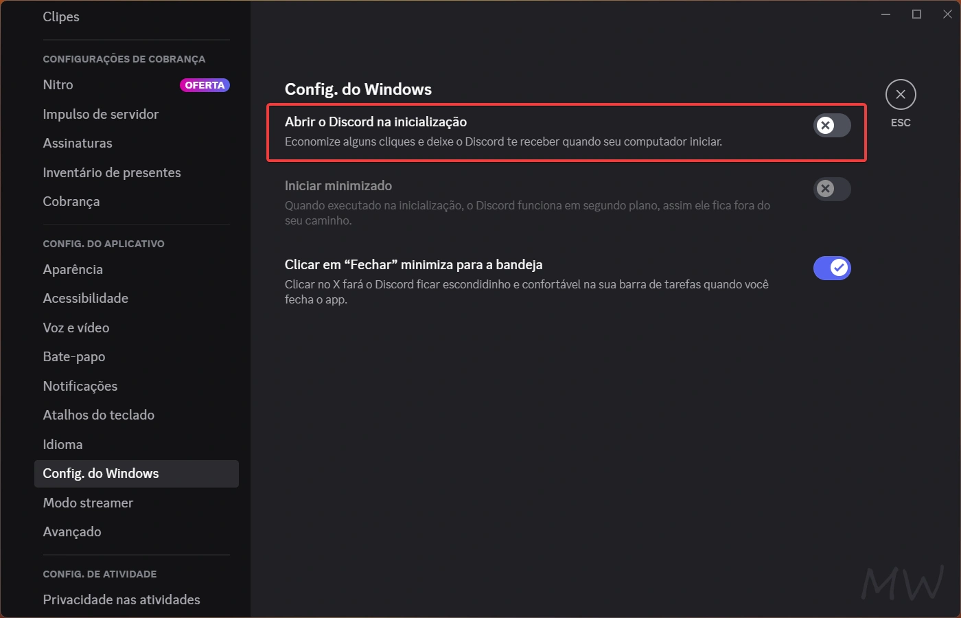 Desativar o Discord da inicialização do Windows
