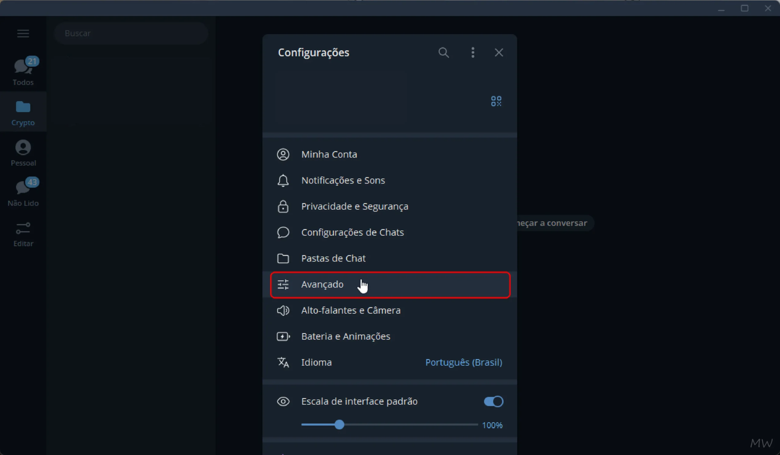 Acessar as configurações avançadas do Telegram Desktop