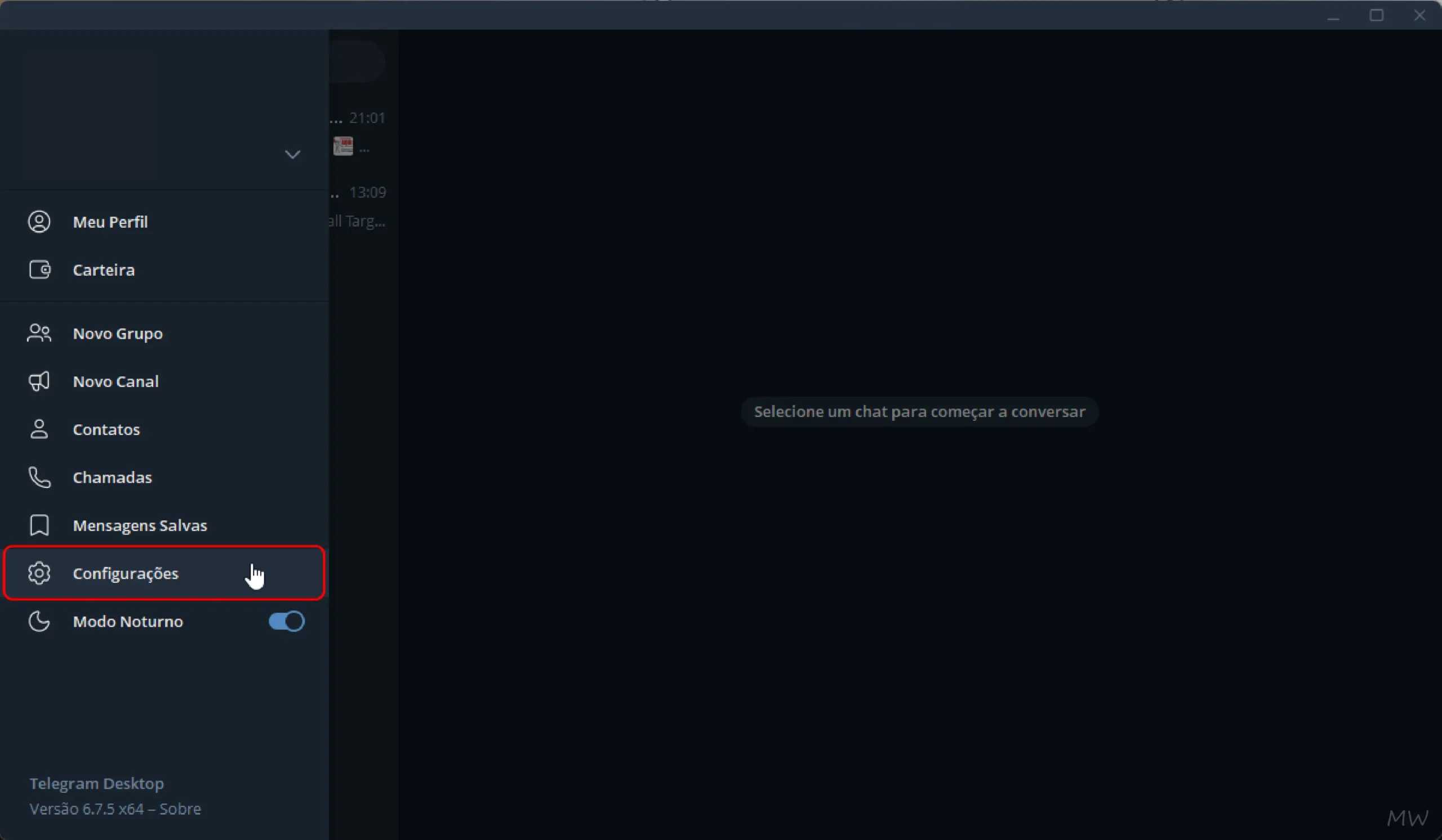 Acessar as configurações do Telegram Desktop no Windows