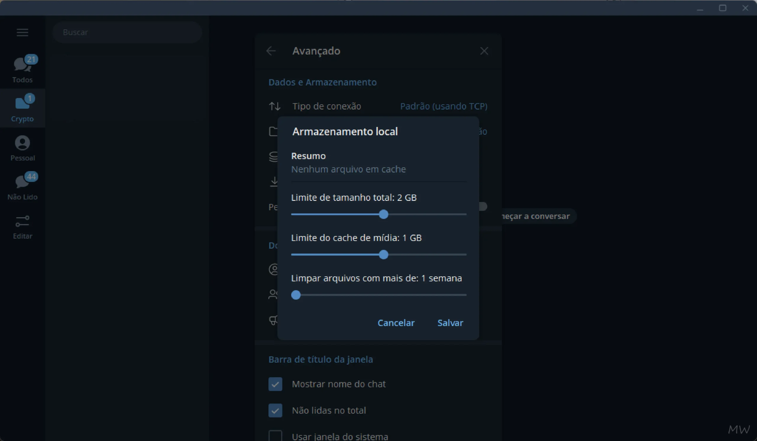 Configurar armazenamento local do Telegram Desktop
