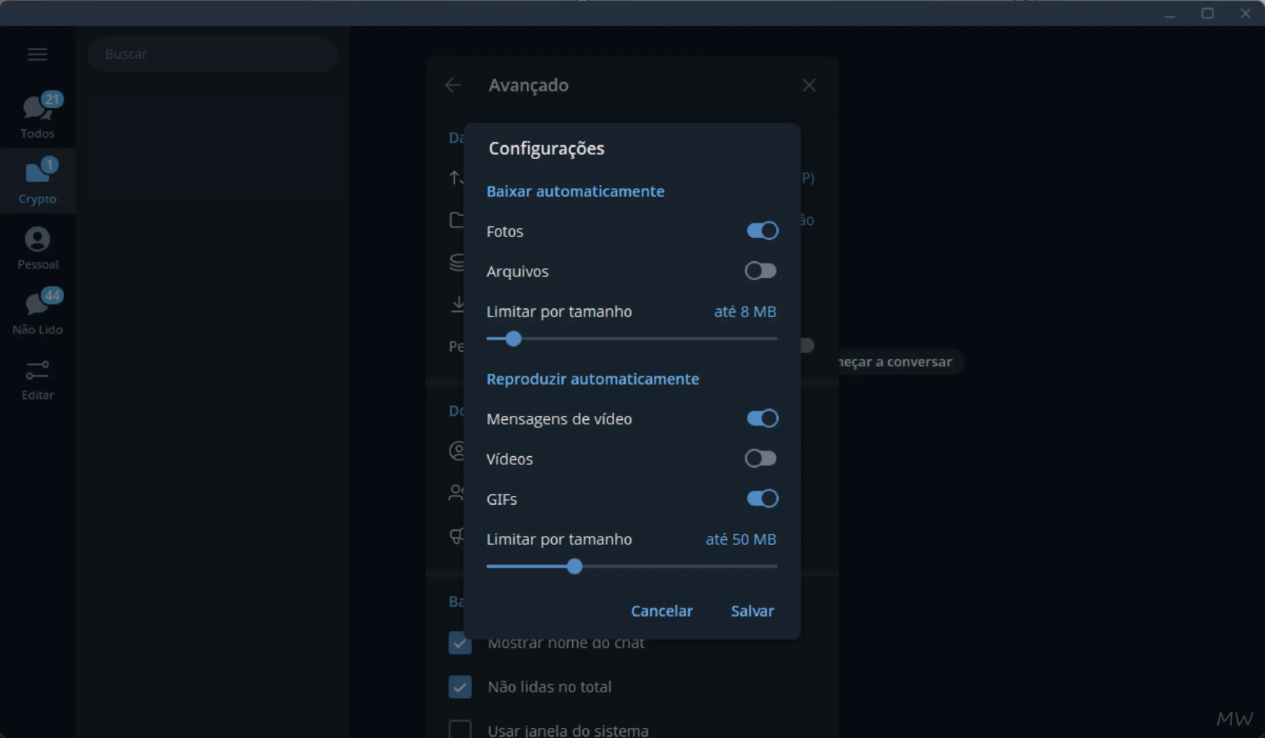 Desativar download automático no Telegram Desktop
