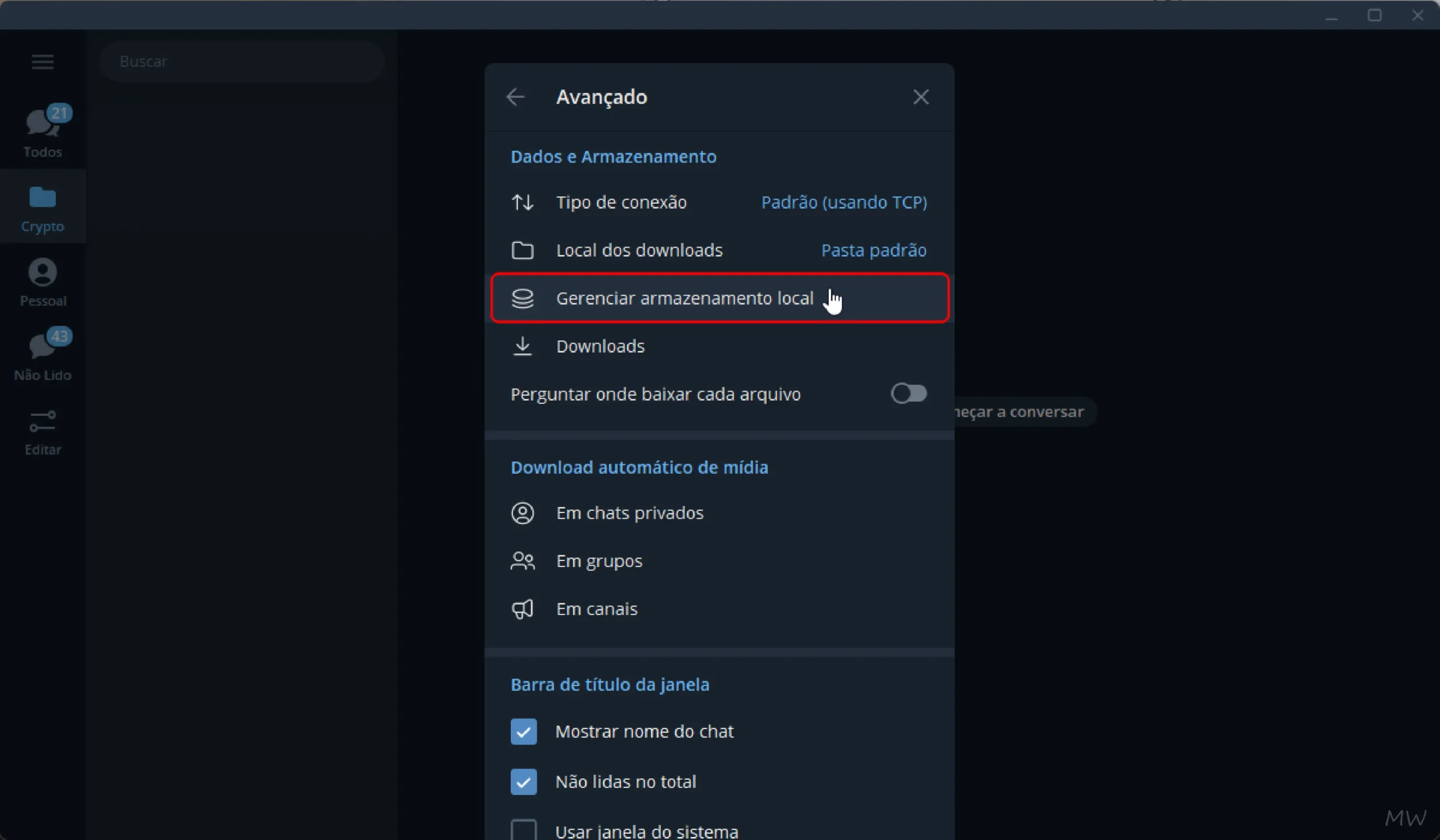 Gerenciar armazenamento local do Telegram Desktop