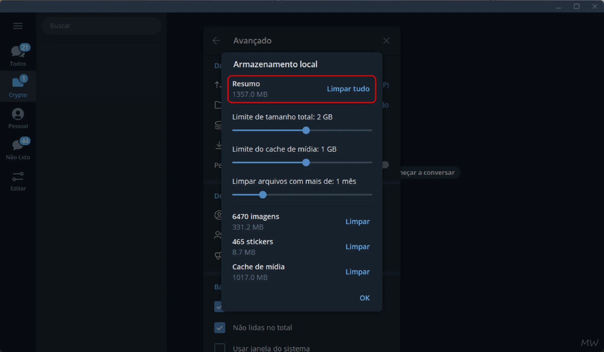 Limpar o cachê do Telegram Desktop