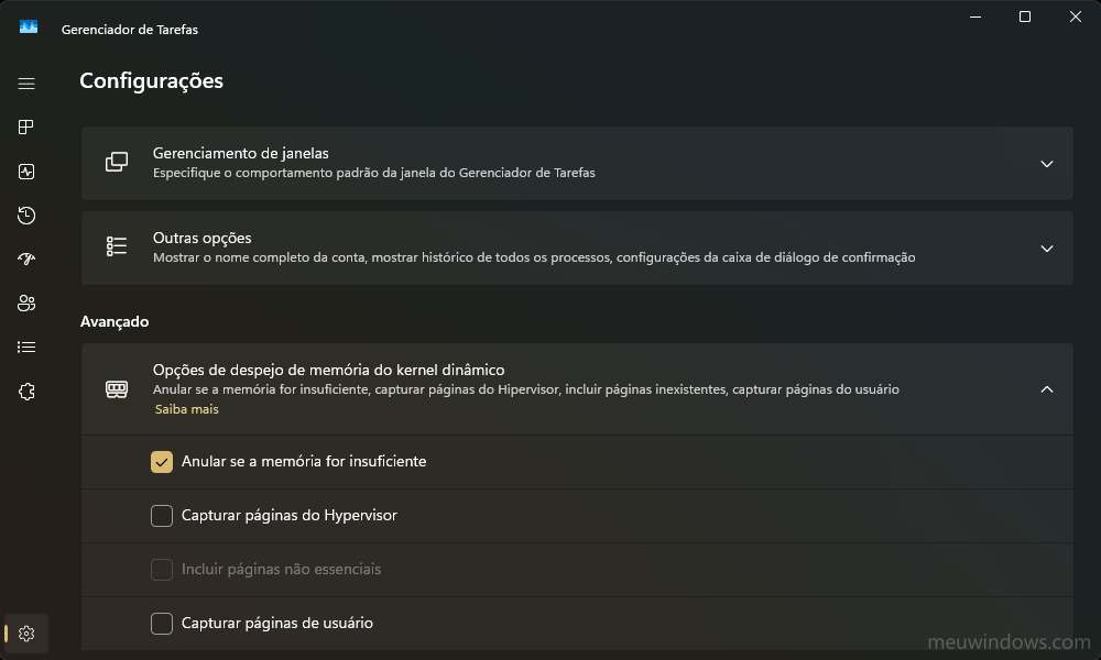 Como gerenciar as configurações do Gerenciador de Tarefas no Windows 11 5 Opções de despejo de memória do kernel dinâmico