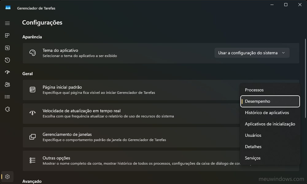 Como gerenciar as configurações do Gerenciador de Tarefas no Windows 11 2 Página inicial padrão do Gerenciador de Tarefas