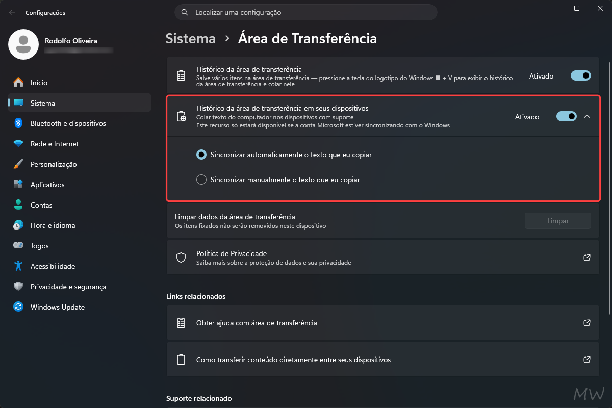 Como sincronizar o Histórico da Área de Transferência entre dispositivos.