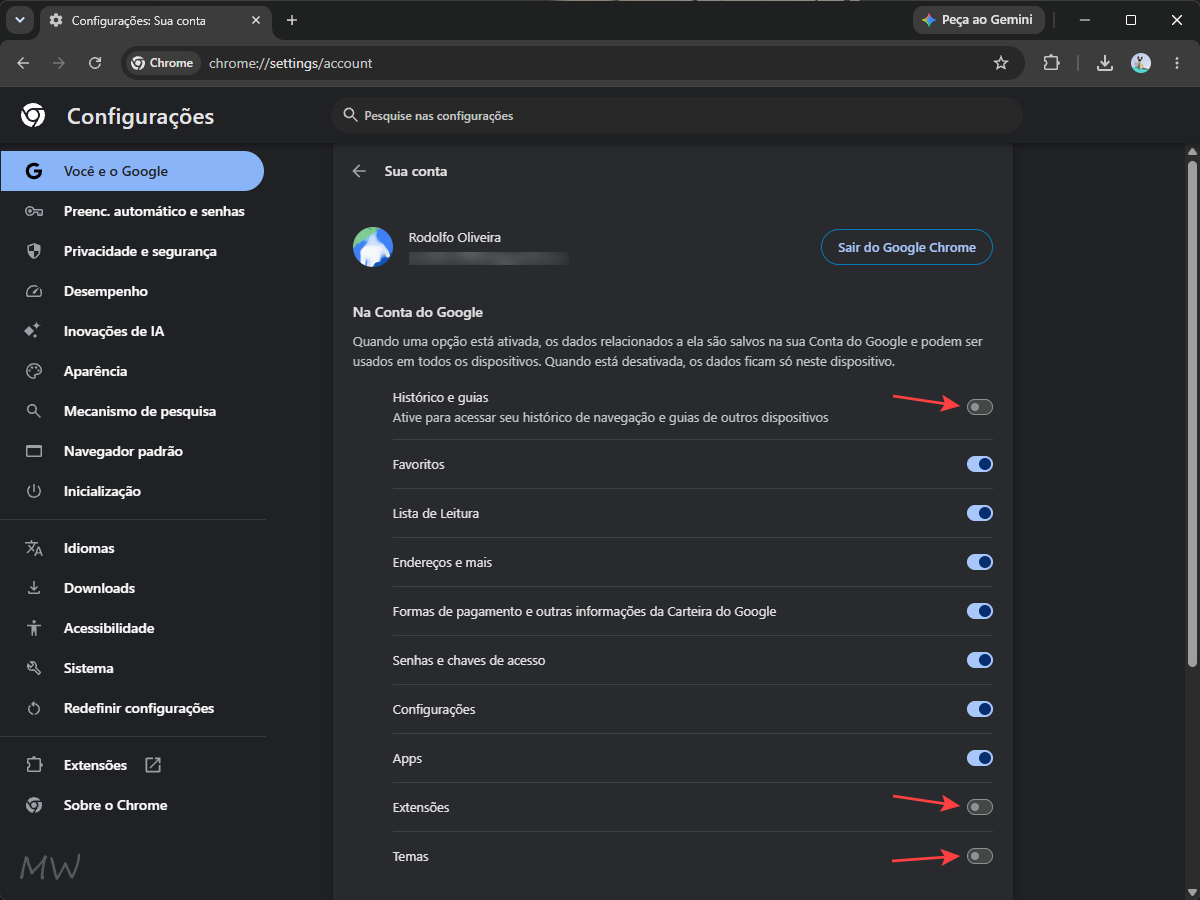Como desativar a sincronização do Google Chrome no Windows 11 3 Painel Sua Conta no Google Chrome com chaves para ativar ou desativar histórico, favoritos, senhas e extensões.