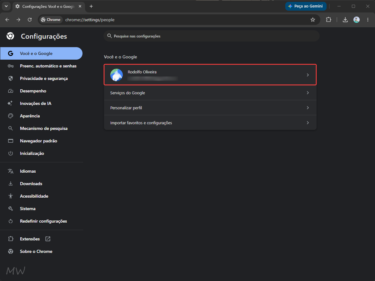 Como desativar a sincronização do Google Chrome no Windows 11 2 Menu Você e o Google nas configurações do Chrome mostrando o card do perfil e opções de personalização.